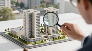 Инвестор изучает макет жилого комплекса, чтобы выбрать квартиру для инвестиций в Наро-Фоминске 2026