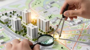 Руки расставляют макеты домов на карте, создавая обзор районов Наро-Фоминска для инвестиций в 2026